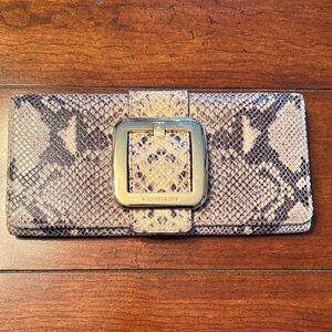 Michael Kors Snakeskin-Print Clutch in Beige and Black with Gold Buckle